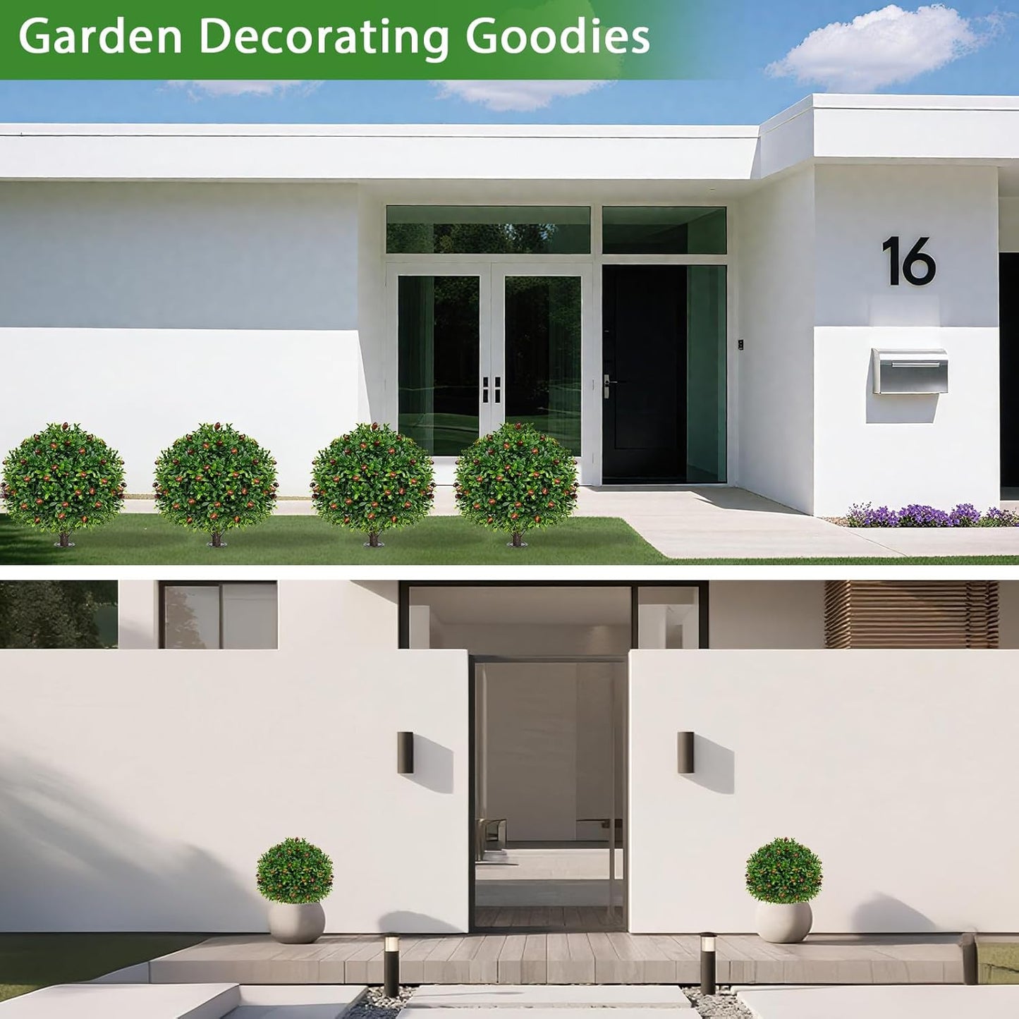 Artificial Olive Topiary Ball Trees with Ground Spike, Set of 2 UV Resistant Artificial Shrubs, Fake Evergreen Artificial Plant Bushes for Indoor Outdoor Front Porch Garden