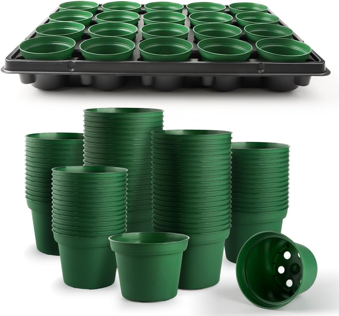 3 Inch Nursery Pots 100 Pcs with 5 Pcs 20 Cell Nursery Pot Trays, 5 Sets Seed Starting Kit for Seedlings, Propagation and Home Gardening, Sturdy Green Seeds Starter Pot Tray Germination Set