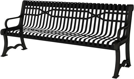 Coated Outdoor Furniture Heavy-Duty Outdoor Bench Thermoplastic Coated, Slatted Steel, Commercial-Grade Garden Bench, Made in America (Portable with Back, 4 Ft, Textured Black)