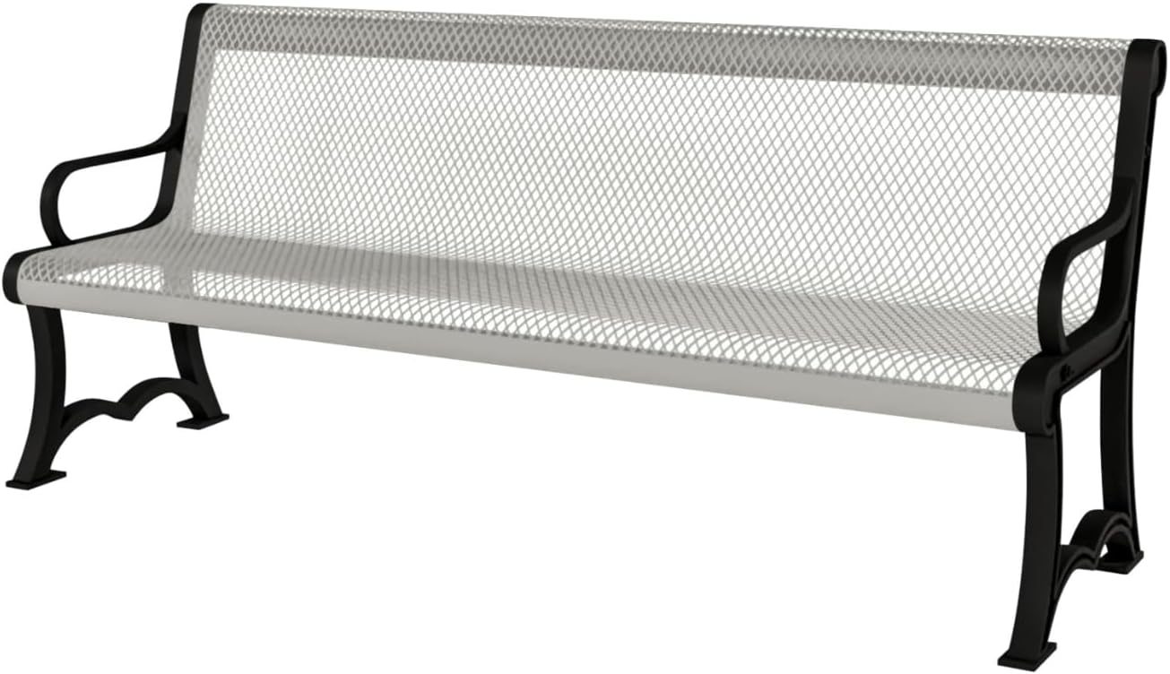 Heavy-Duty Outdoor Bench Thermoplastic Coated, Expanded Metal, Commercial-Grade Garden Bench, Made in America (Portable with Back, 4 Ft, Textured Grey)