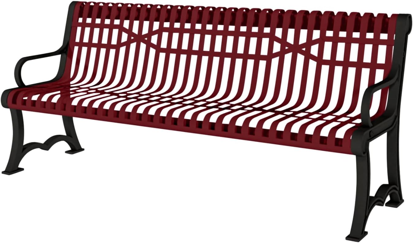 Coated Outdoor Furniture Heavy-Duty Outdoor Bench Thermoplastic Coated, Slatted Steel, Commercial-Grade Garden Bench, Made in America (Portable with Back, 4 Ft, Burgundy)