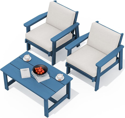 SERWALL HDPE Outdoor Couch, Blue Frame and Khaki Cushion