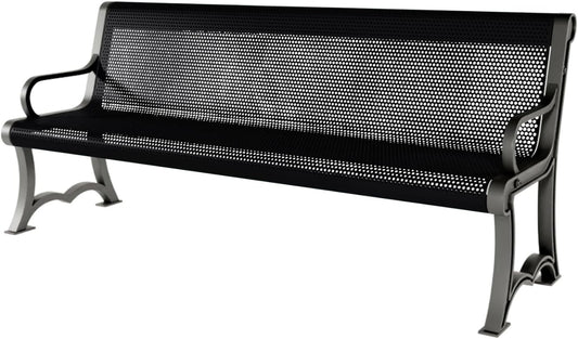 Coated Outdoor Furniture Heavy-Duty Outdoor Bench Thermoplastic Coated, Punched Steel, Commercial-Grade Garden Bench, Made in America (Portable with Back, 6 Ft, Black)