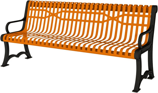 Heavy-Duty Outdoor Bench Thermoplastic Coated, Slatted Steel, Commercial-Grade Garden Bench, Made in America (Portable with Back, 4 Ft, Textured Orange)