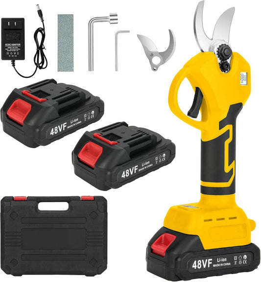 Electric Pruning Shears, Cordless Electric Scissors with 2 PCS Rechargeable 48V 2.0 Ah Batteries & 2 Blades, 1.6" Cutting Diameter Pruning Shears Garden Tool for Tree Trimming Branch Cutter(Yellow)