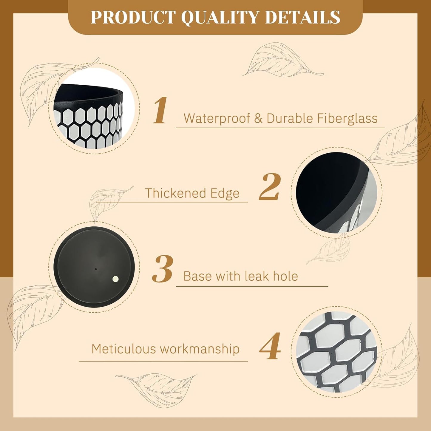 12 Inch Flower Pot Without Bracket with Drainage Holes Suitable for Indoor and Outdoor Decorative Planting (Black White Hexagon, 12 Inches)