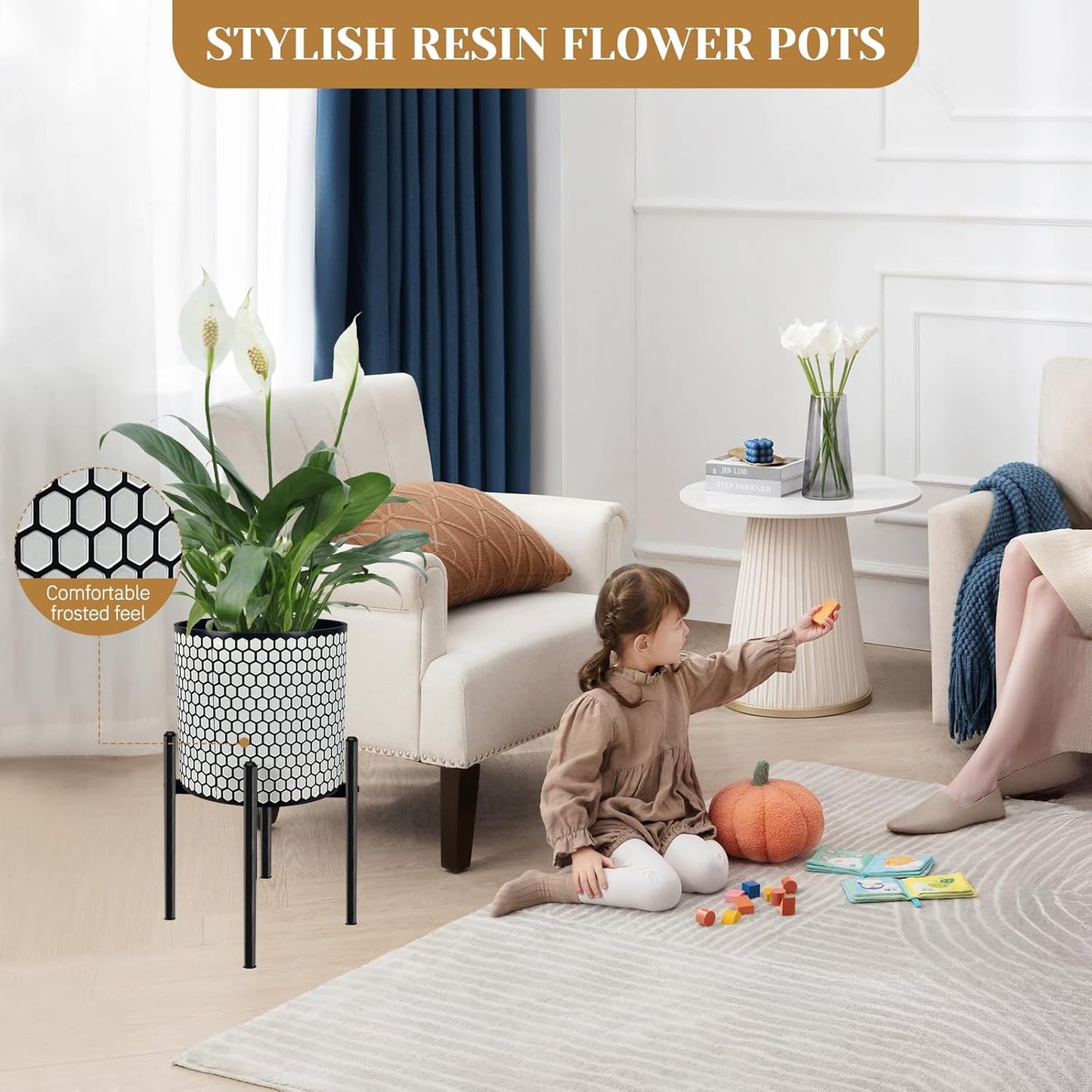 12 Inch Flower Pot Without Bracket with Drainage Holes Suitable for Indoor and Outdoor Decorative Planting (Black White Hexagon, 12 Inches)