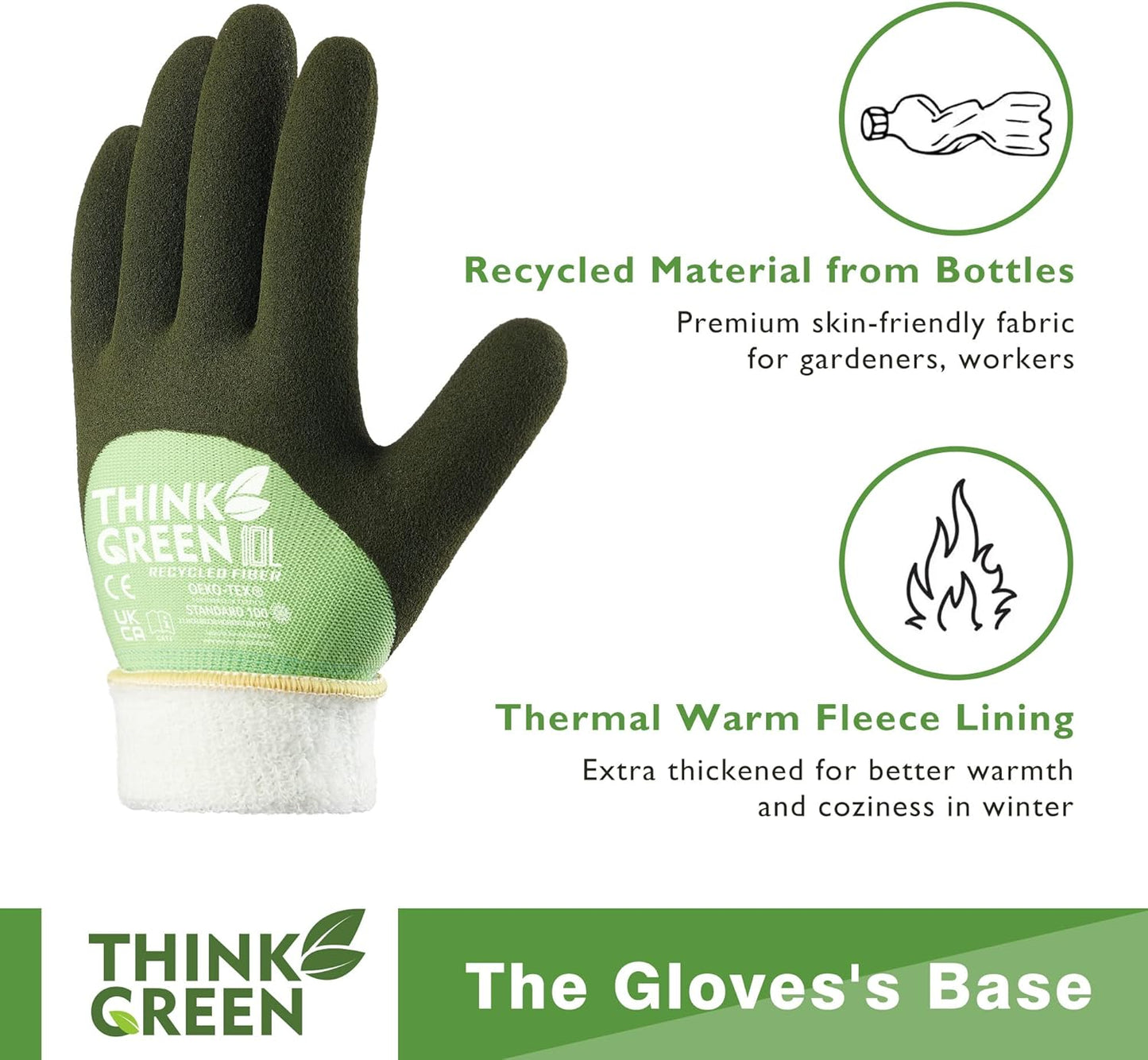 COOLJOB Thick Fleece Lined Winter Thermal Warm Freezer Work Gloves, 100% Recycled Polyester Base with Non-Slip Grip, Windproof for Cold Weather, 1 Pair, Large, Green
