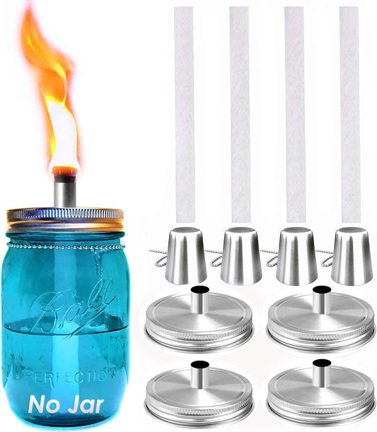 Mason Jar Tabletop Torch Kits,4 Pack Longlife Fiberglass Wicks,Stainless Steel Mason Jar Lids Caps Included,Outdoor Deck Oil Lamp Torch