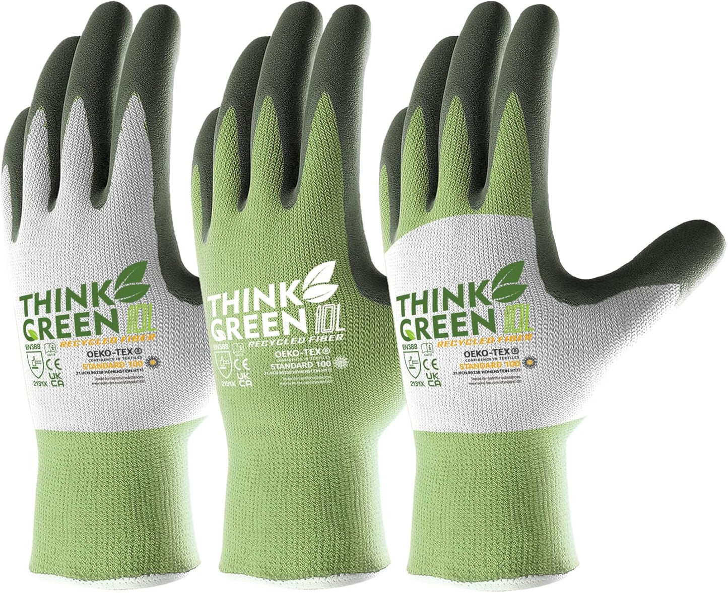 COOLJOB 3 Pairs Gardening Gloves for Women Men, 100% Recycled Polyester with Rubber Coated for Garden Patio Yard Lawn Work, Green, White & Grey, Medium Size